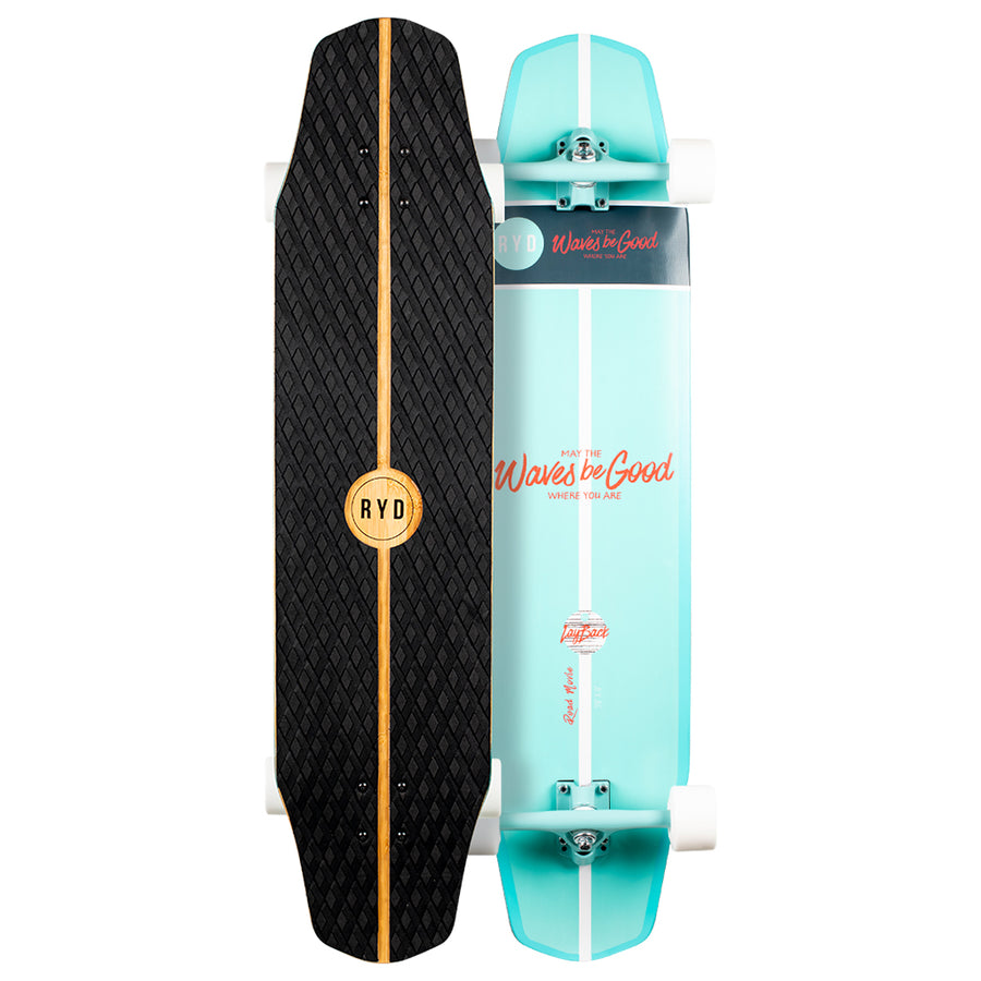 RYD Retro Cruiser Road Movie skateboard, black EVA deck-pad top with wood centre stripe and mint coastal-branded underside shown side by side
