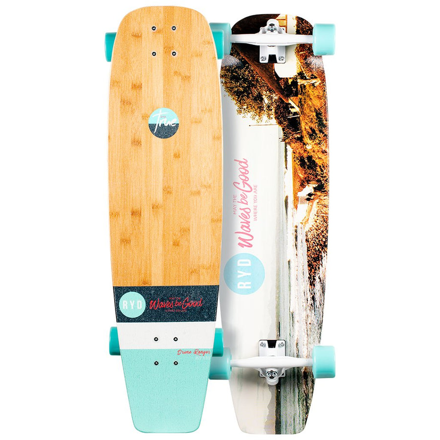 RYD Everyday Drone Ranger skateboard, bamboo deck top and coastal-photography underside shown side by side