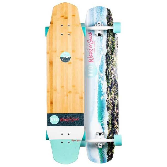 RYD Everyday Road Movie skateboard, bamboo deck top and coastal-photography underside shown side by side