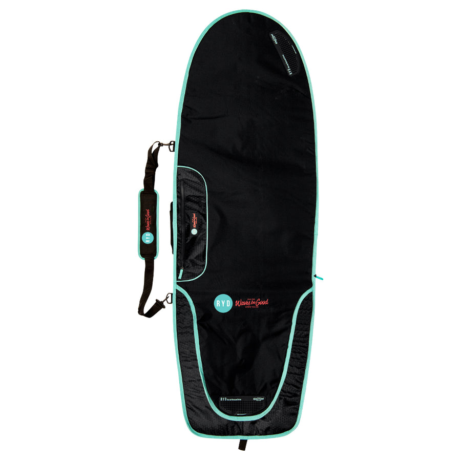 RYD Alt Range Everyday board cover, Black/Aqua — front view showing the branded logo side