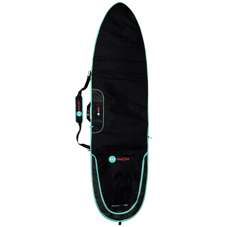 RYD True Range Everyday board cover, Black/Aqua — front view showing the branded logo side