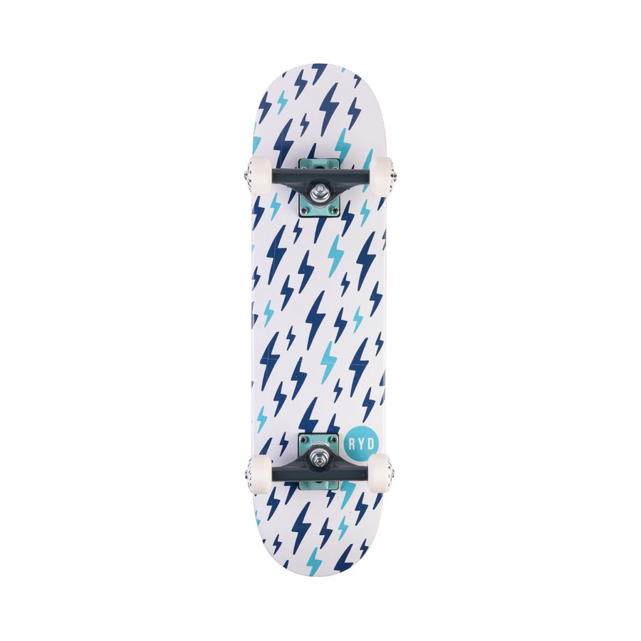 RYD First Push Lightning Strike street skateboard underside, white deck with navy and aqua lightning bolt print