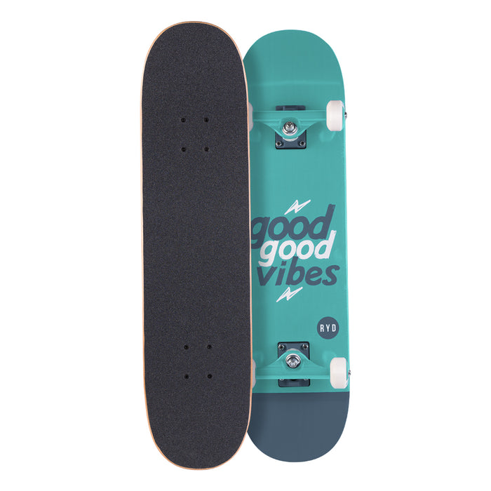 RYD Good Vibes street skateboard in Aqua/Navy, black grip tape top and aqua deck underside shown side by side