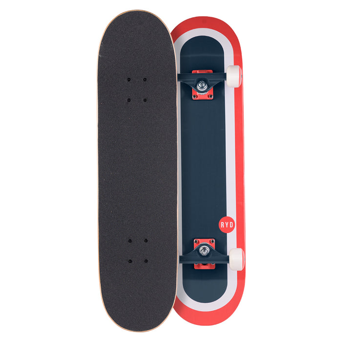 RYD Shreds Race Track street skateboard, black grip tape top and navy race-track deck underside shown side by side