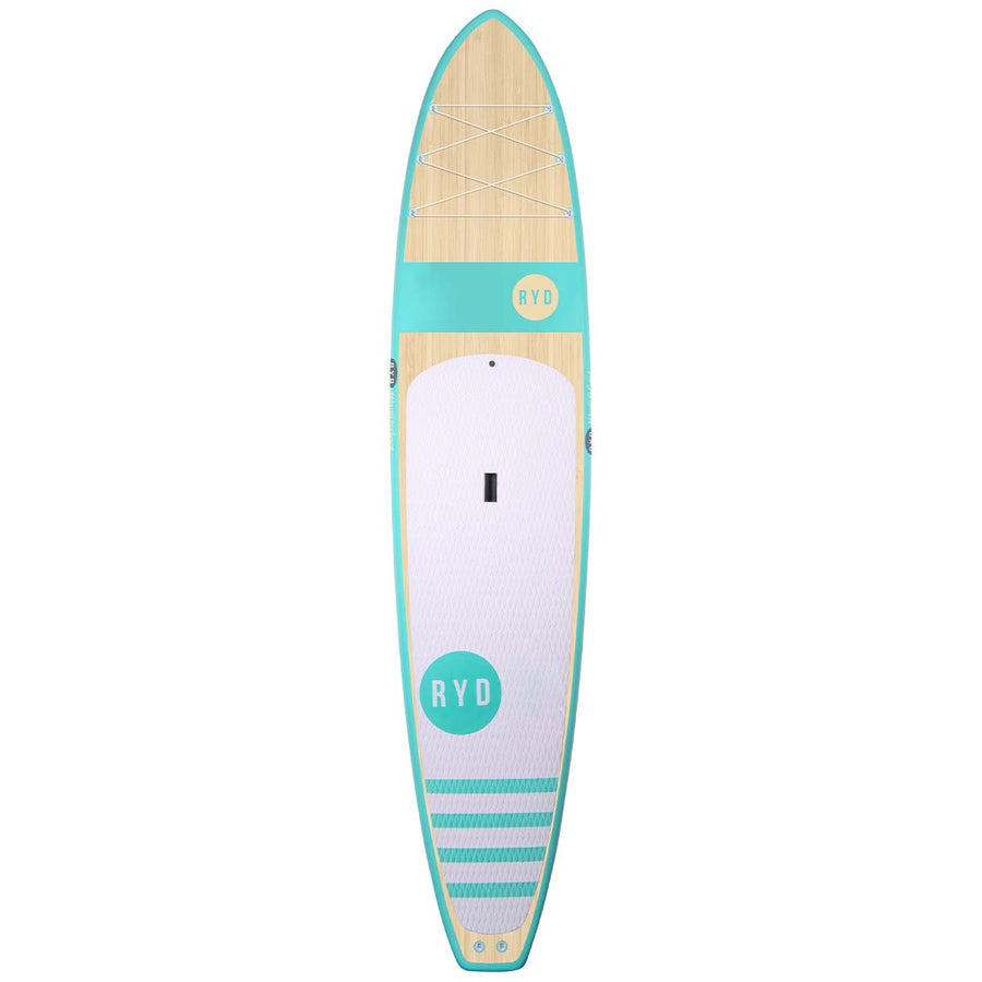 RYD Vega stand up paddleboard, Aqua Bamboo — deck view showing the bamboo veneer, bungee system and deck pad