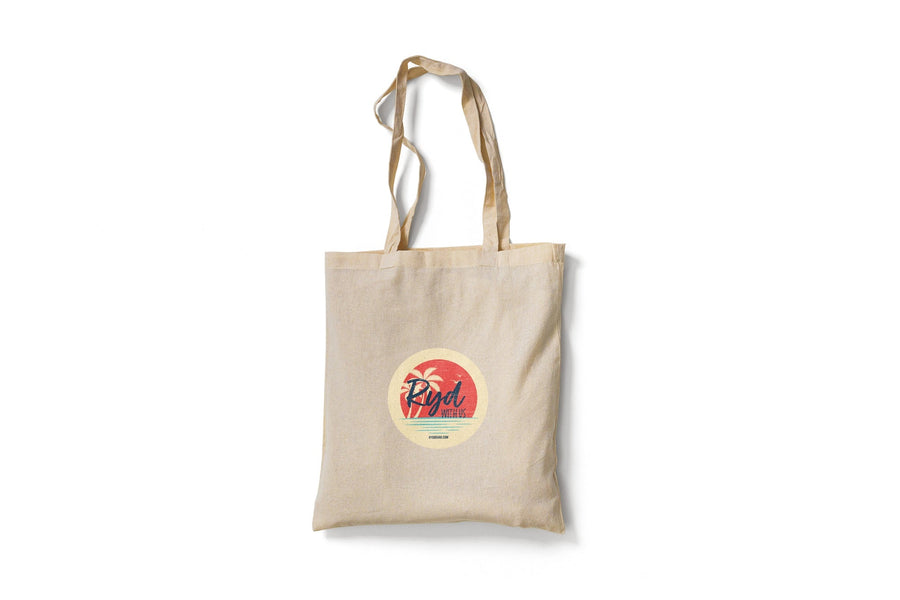 RYD Cream woven tote bag, front-facing, with circular RYD With Us logo