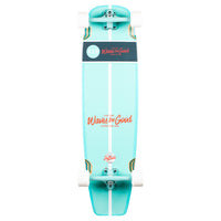 RYD Retro Cruiser Drone Ranger skateboard underside, mint colourway with white racing stripe and RYD Waves be Good branding