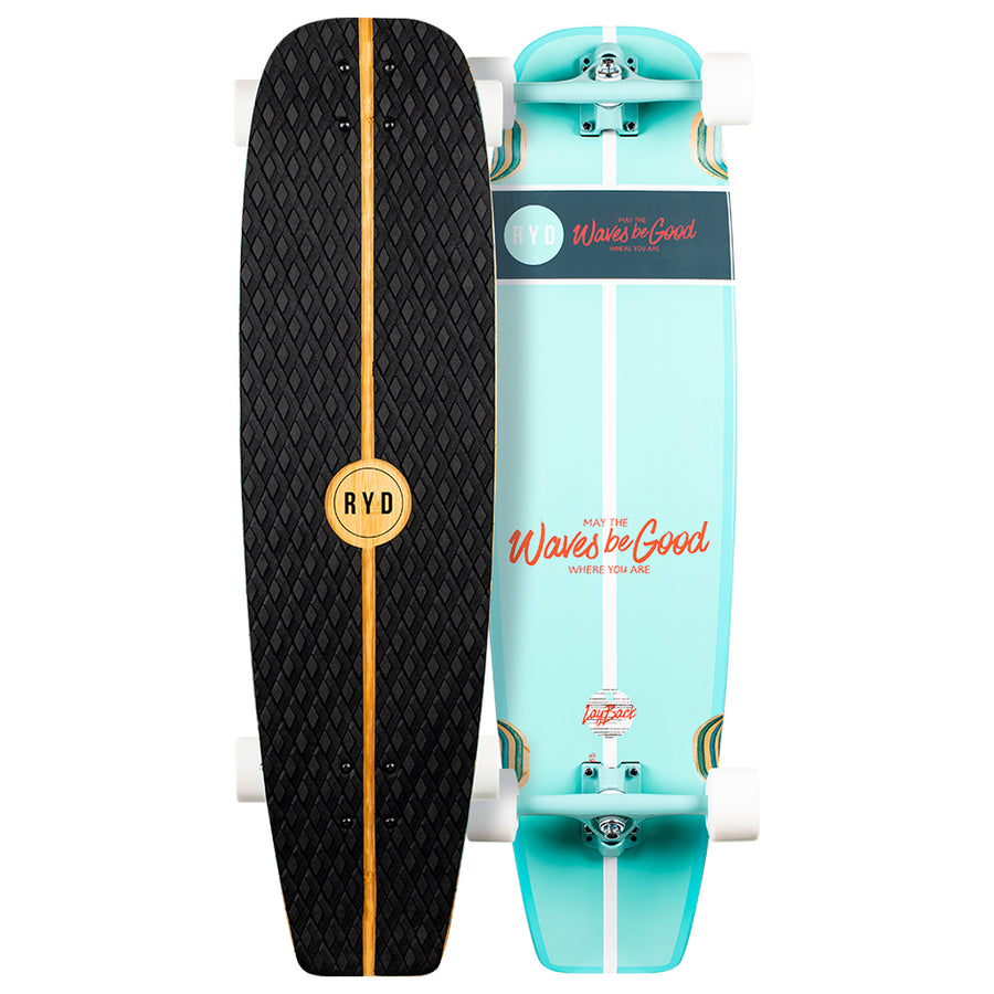 RYD Retro Cruiser Drone Ranger skateboard, black EVA deck-pad top with wood centre stripe and mint coastal-branded underside shown side by side