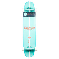 RYD Retro Cruiser Road Movie skateboard underside, mint colourway with white racing stripe and RYD Waves be Good branding