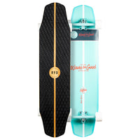 RYD Retro Cruiser Road Movie skateboard, black EVA deck-pad top with wood centre stripe and mint coastal-branded underside shown side by side