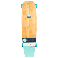 RYD Everyday Drone Ranger skateboard, bamboo deck top with True Range logo and RYD branding, aqua wheels