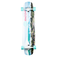 RYD Everyday Road Movie skateboard underside, aerial coastal photography print with RYD Waves be Good branding
