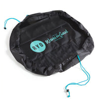RYD Black Change Mat wetsuit bag laid open flat with teal RYD branding and drawstring