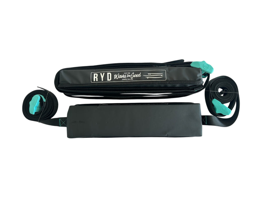 RYD Black soft travel roof rack pads strapped to a car roof, no roof rack required (placeholder photo, shared with Single Travel Rack)