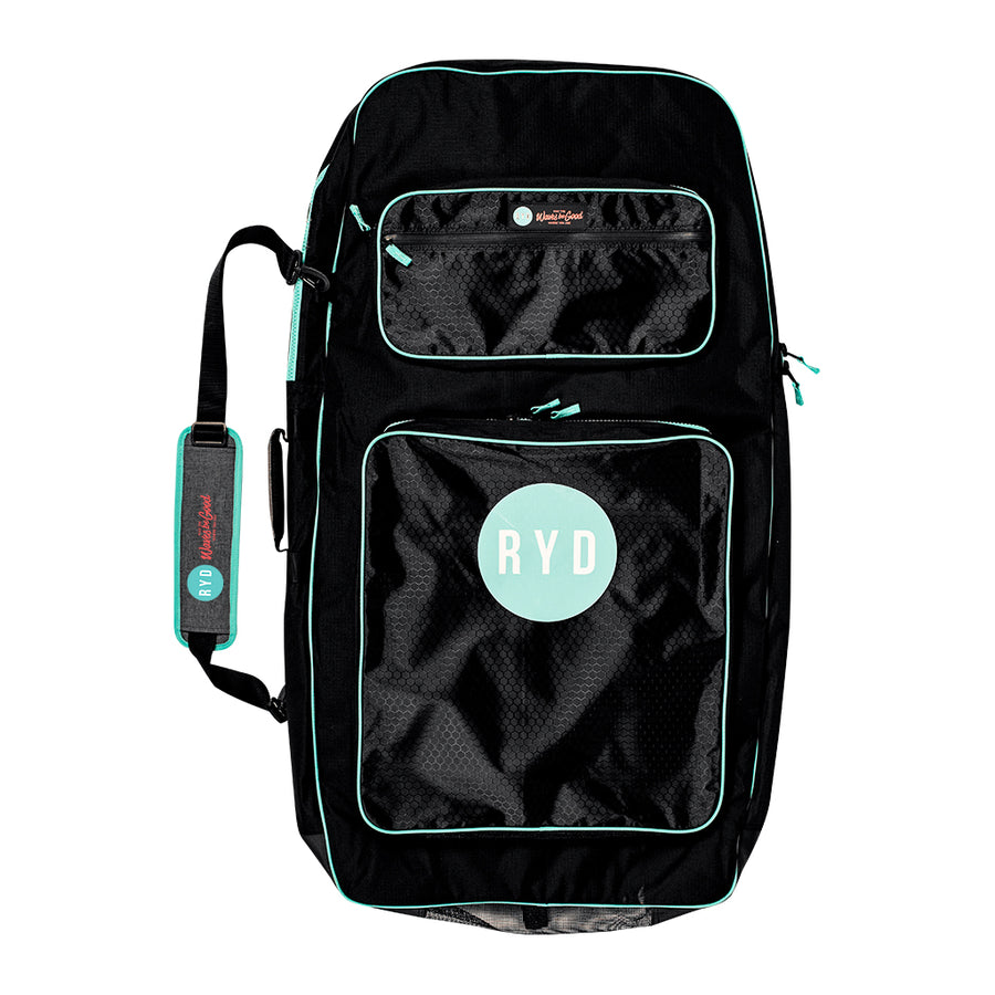 Black/Aqua RYD Bodyboard Range Everyday board bag — front view showing the branded logo panel
