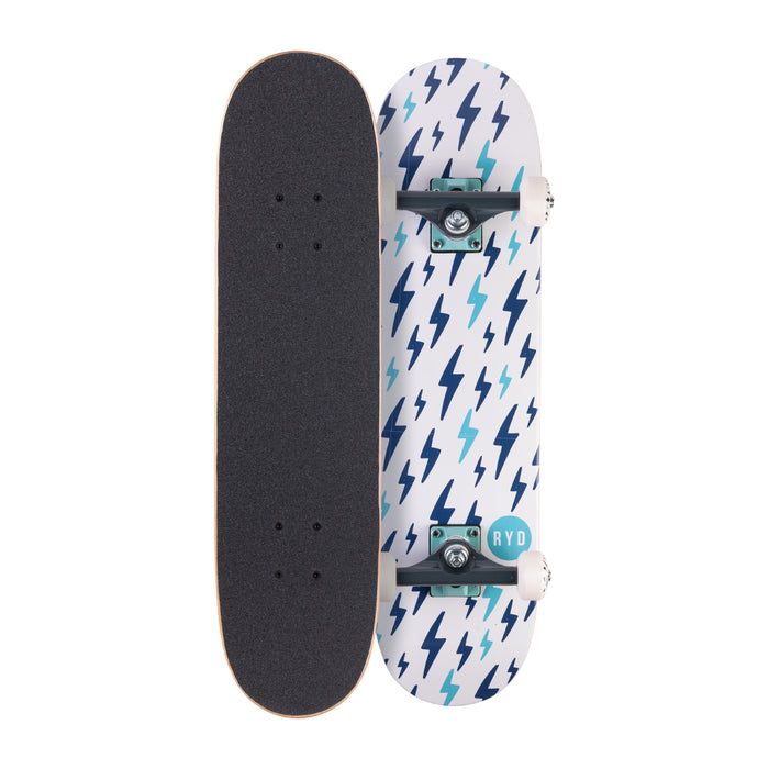 RYD First Push Lightning Strike street skateboard, black grip tape top and lightning-bolt deck underside shown side by side