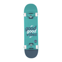 RYD Good Vibes street skateboard underside in Aqua/Navy, aqua deck with grey good good vibes lettering and a navy tail
