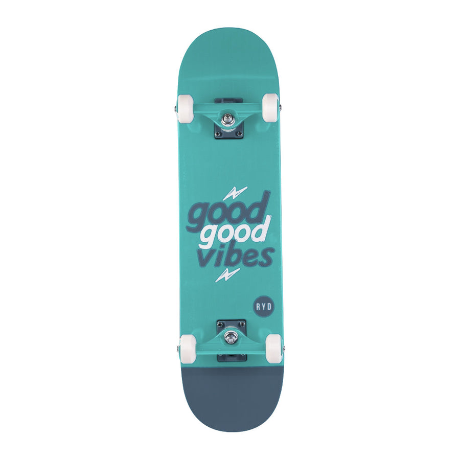 RYD Good Vibes street skateboard underside in Aqua/Navy, aqua deck with grey good good vibes lettering and a navy tail