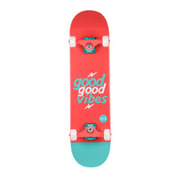 RYD Good Vibes street skateboard underside in Coral/Aqua, coral deck with aqua good good vibes lettering and an aqua tail
