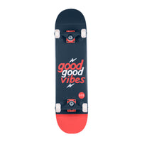 RYD Good Vibes street skateboard underside in Navy/Coral, navy deck with coral good good vibes lettering and a coral tail