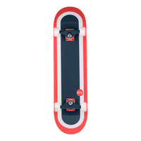 RYD Shreds Race Track street skateboard underside, navy deck with a red and white race-track outline print