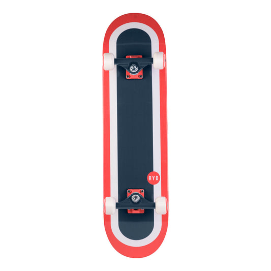 RYD Shreds Race Track street skateboard underside, navy deck with a red and white race-track outline print