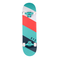 RYD Shreds Stripes street skateboard underside, aqua, coral and white diagonal stripes with RYD lettering