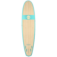 RYD Kipo stand up paddleboard, Aqua Bamboo — bottom view showing the bamboo veneer and fin box