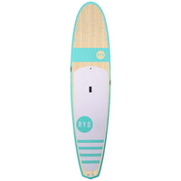 RYD Kipo stand up paddleboard, Aqua Bamboo — deck view showing the bamboo veneer, bungee system and deck pad