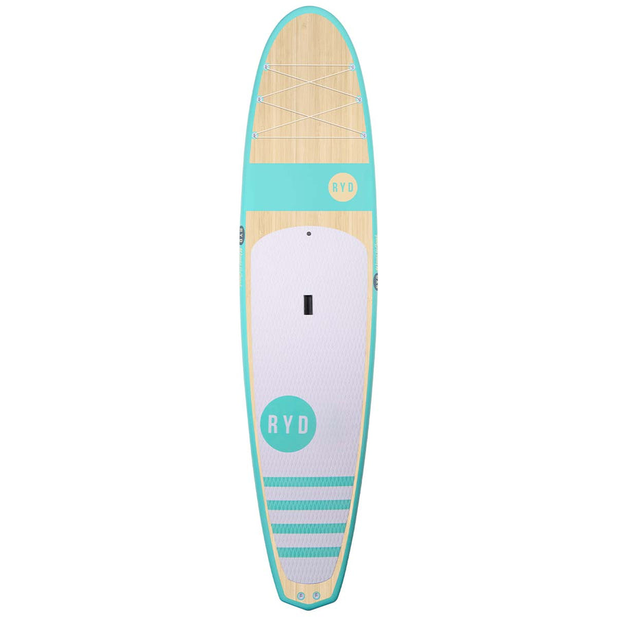 RYD Kipo stand up paddleboard, Aqua Bamboo — deck view showing the bamboo veneer, bungee system and deck pad