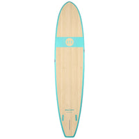 RYD Vega stand up paddleboard, Aqua Bamboo — bottom view showing the bamboo veneer and fin box