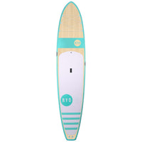 RYD Vega stand up paddleboard, Aqua Bamboo — deck view showing the bamboo veneer, bungee system and deck pad