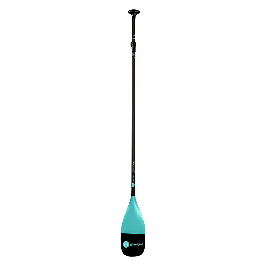 RYD Carbon adjustable SUP paddle in Black/Aqua, full length view showing the carbon shaft and aqua blade