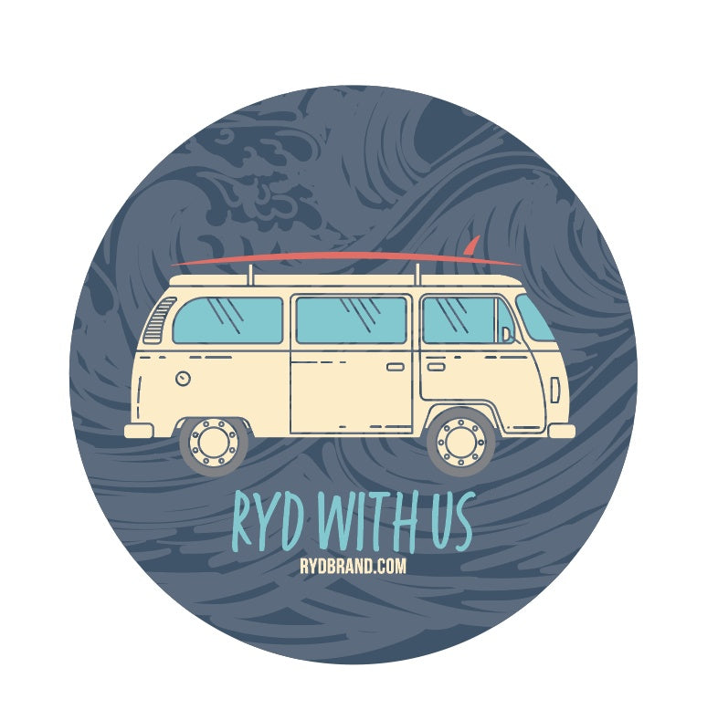 RYD Air Freshener — Kombi scent, coral disc with a cream VW Kombi van and RYD With Us branding
