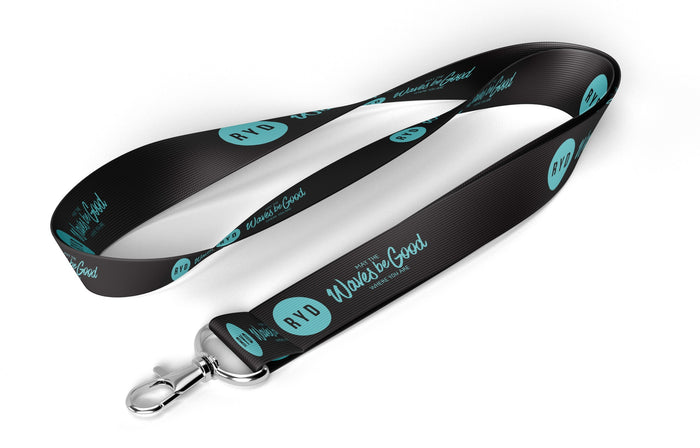 RYD Black lanyard, curved and swirled, with teal RYD logo and 'May the Waves be Good Where You Are' print