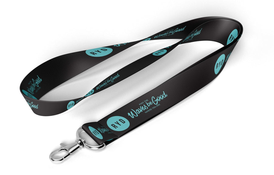 RYD Black lanyard, curved and swirled, with teal RYD logo and 'May the Waves be Good Where You Are' print